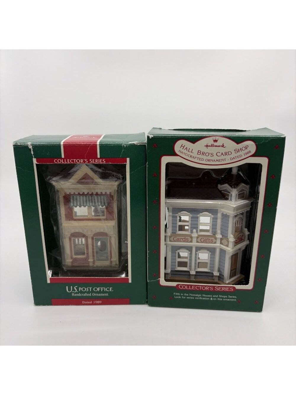 2 Hallmark 1988 1989 Ornaments Card Shop & Post Office Nostalgic Houses Shops